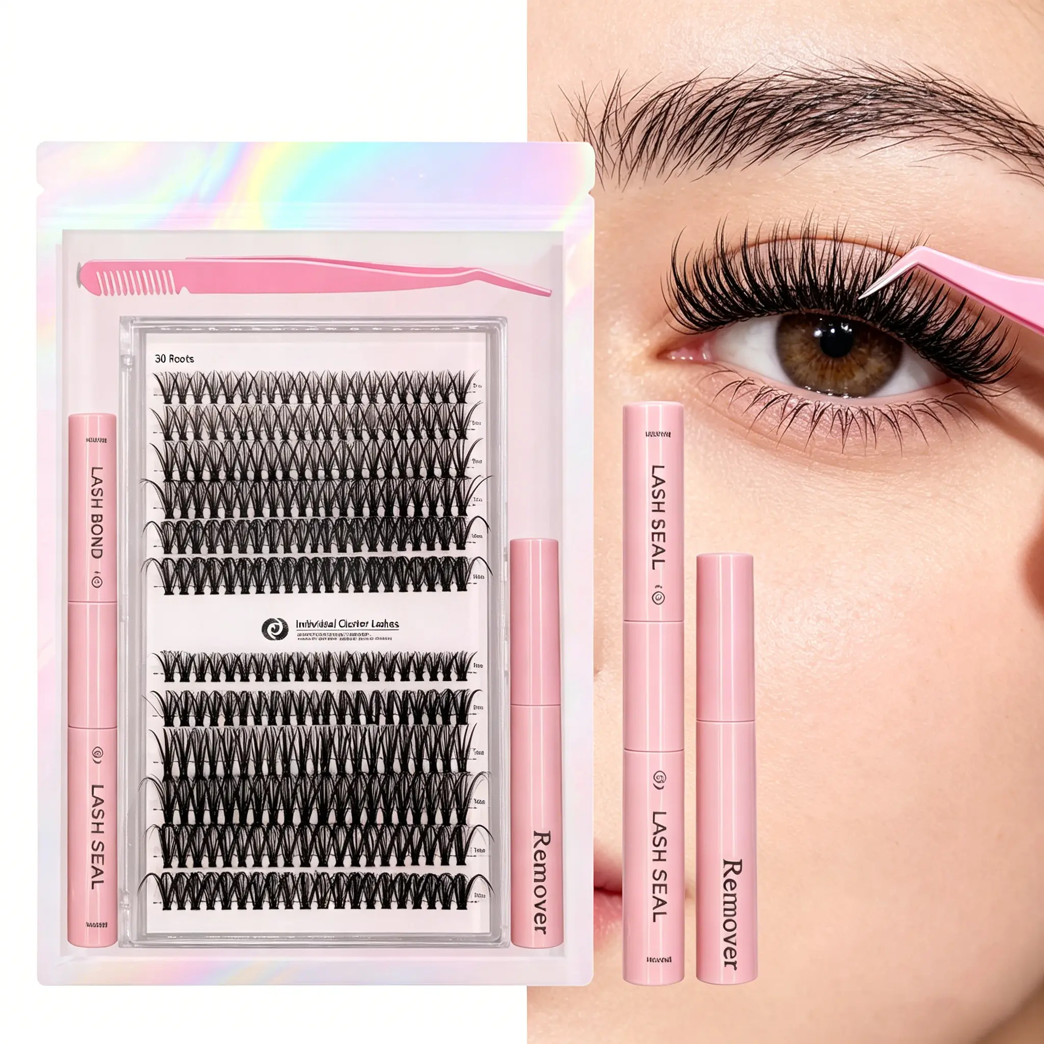 30D+40D Lash Kit DIY, 240 pcs Lash Clusters Eyelash Extension Kit Natural Long Lasting 9-17mm Individual Lashes Set with Lash Bond Seal Remover Tweezers For Home Self Application