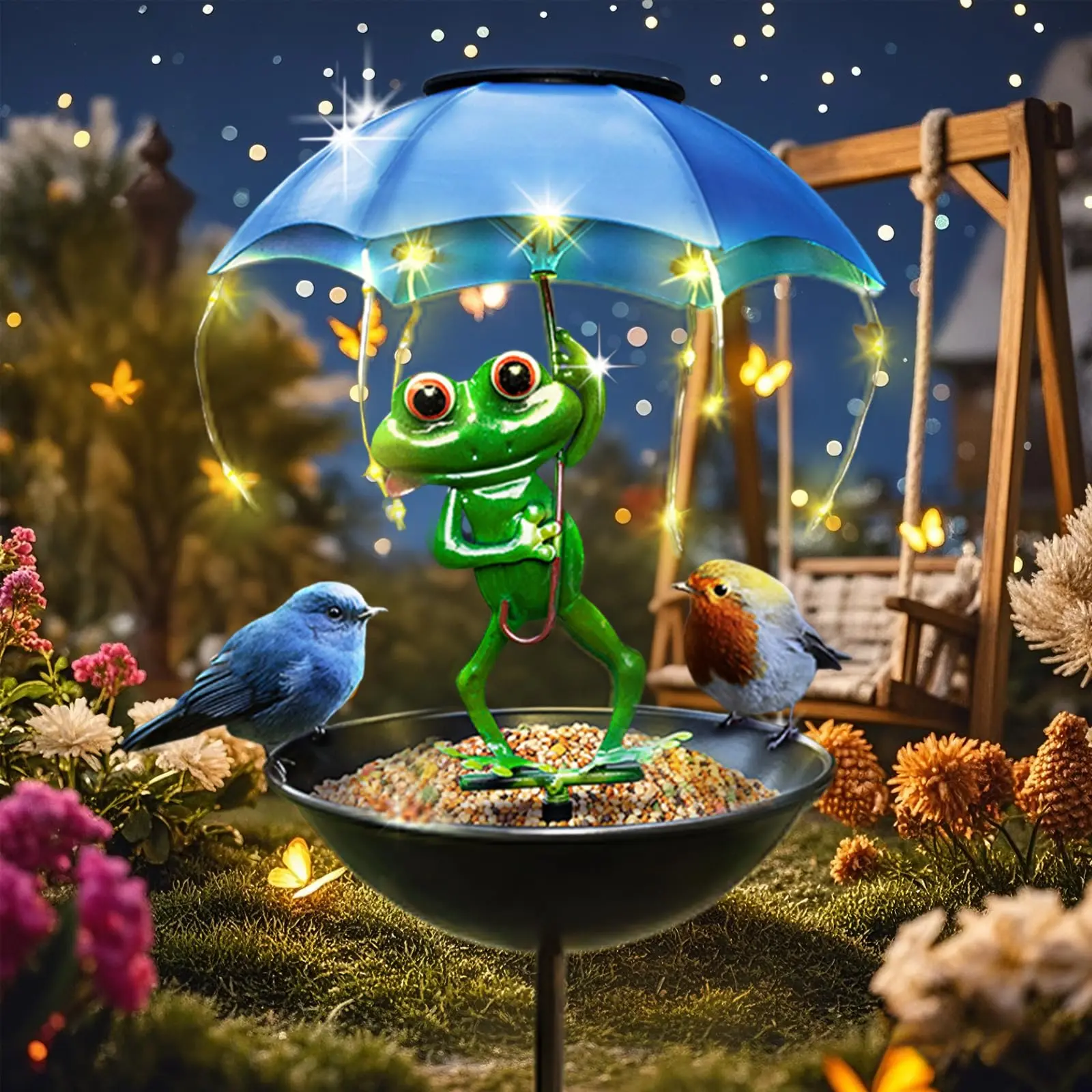 Solar Frog Bird Feeder Light - Solar Outdoor Lights, Water Resistant, Iron Craftsmanship, Single Charge Auto-Illuminating Animal Garden Ornament Bird Feeder