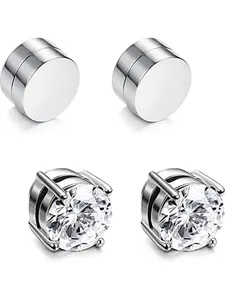 Magnetic Ear Cuff Set, Non-Piercing Silver Color Cubic Zirconia Earrings, Unisex Stainless Steel Jewelry, 4 Piece Kit, Ear Studs, Earcuff