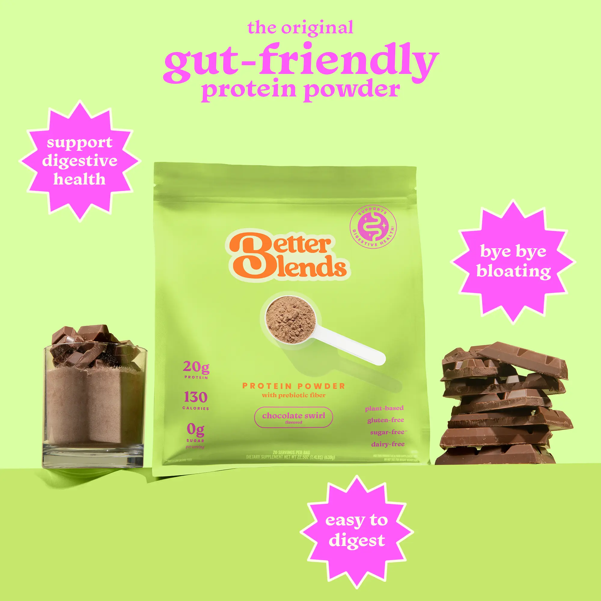 Gut-Friendly Protein Powder for Sensitive Stomachs, Low-FODMAP, No Bloating, Easy to Digest, Vegan, Dairy-Free, & Gluten-Free, 20g Pea & Protein Blend, 0g Sugar