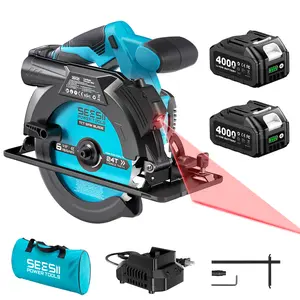 SEESII 21V MAX Cordless Circular Saw (6-1/2”) Laser Guide, Recargable–2x 4Ah Batteries & Auxiliary Handle, 2-1/4” Cutting Depth, 5200 RPM, 0-45° Bevel Capacity, Portable with Adjustable Depth Circular Saw for Outdoor Work, Home DIY, Pro Use CS610