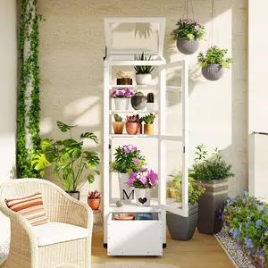 62.4 in. Height Wood Garden Greenhouse Balcony Portable Mini Cold Frame with Movable Storage Box and Adjustable Shelves for Outdoor Indoor Use