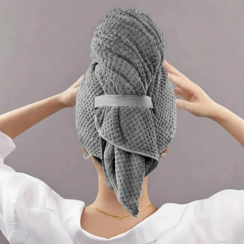 Hair Drying Fleece Towel, Solid Color Microfiber Soft Absorbent Hair Wrap Towel with Elastic Strap, Super Absorbent Towel, Quick Drying Towel, Large Hair Turban Towel for Wet Hair, Convenient Bathroom Accessories