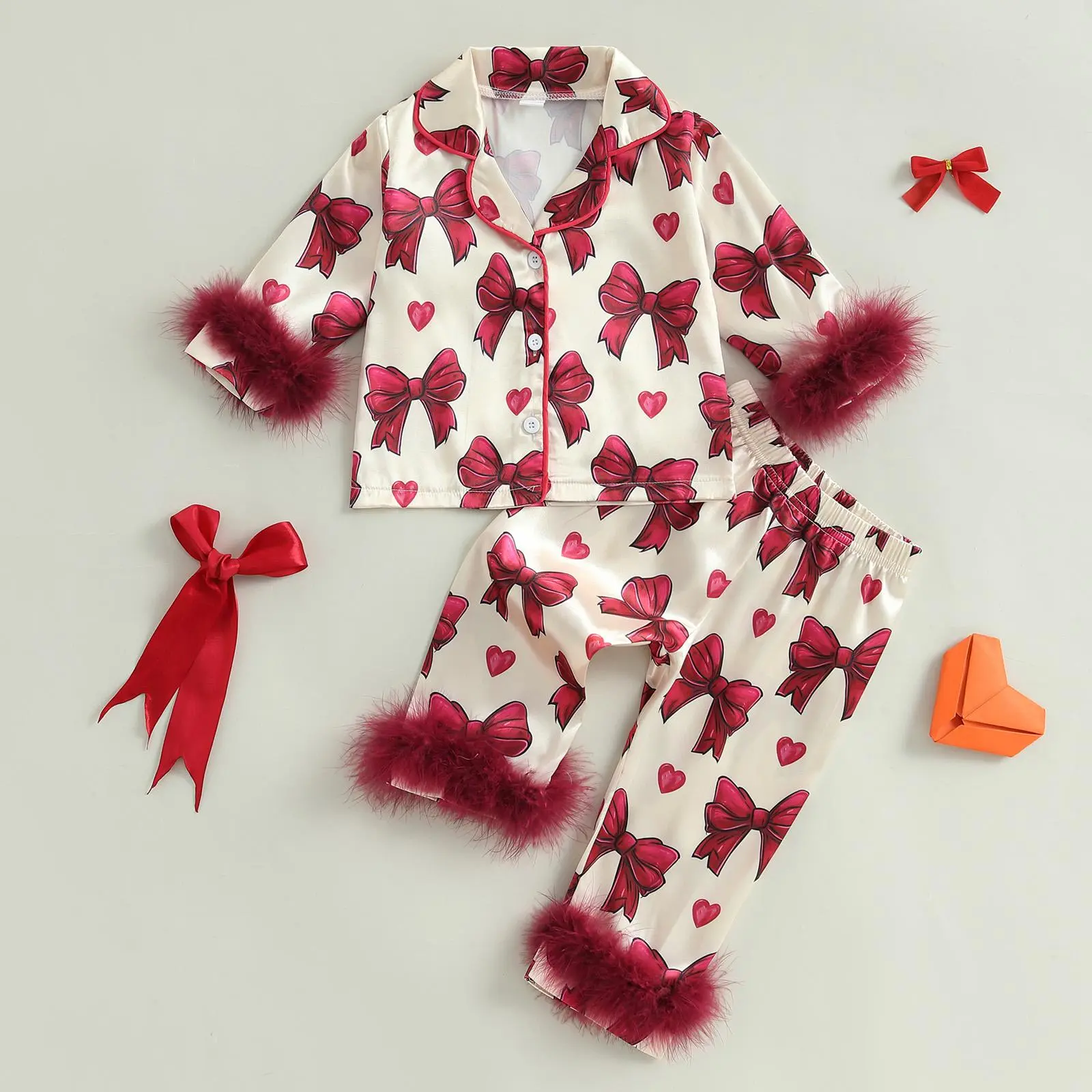 Kid Girl Satin Pajamas Set, Bow Print Feather Cuffs Long Sleeve Lapel Button Down Tops with Pants Sleepwear, Casual Baby Girls Pajamas Set
