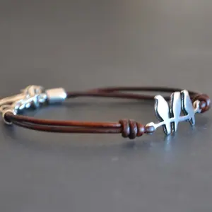 Birdstalk Leather Cord Bracelet Silver Distressed Animal Hand Jewelry Adjustable Length Fashion Accessories