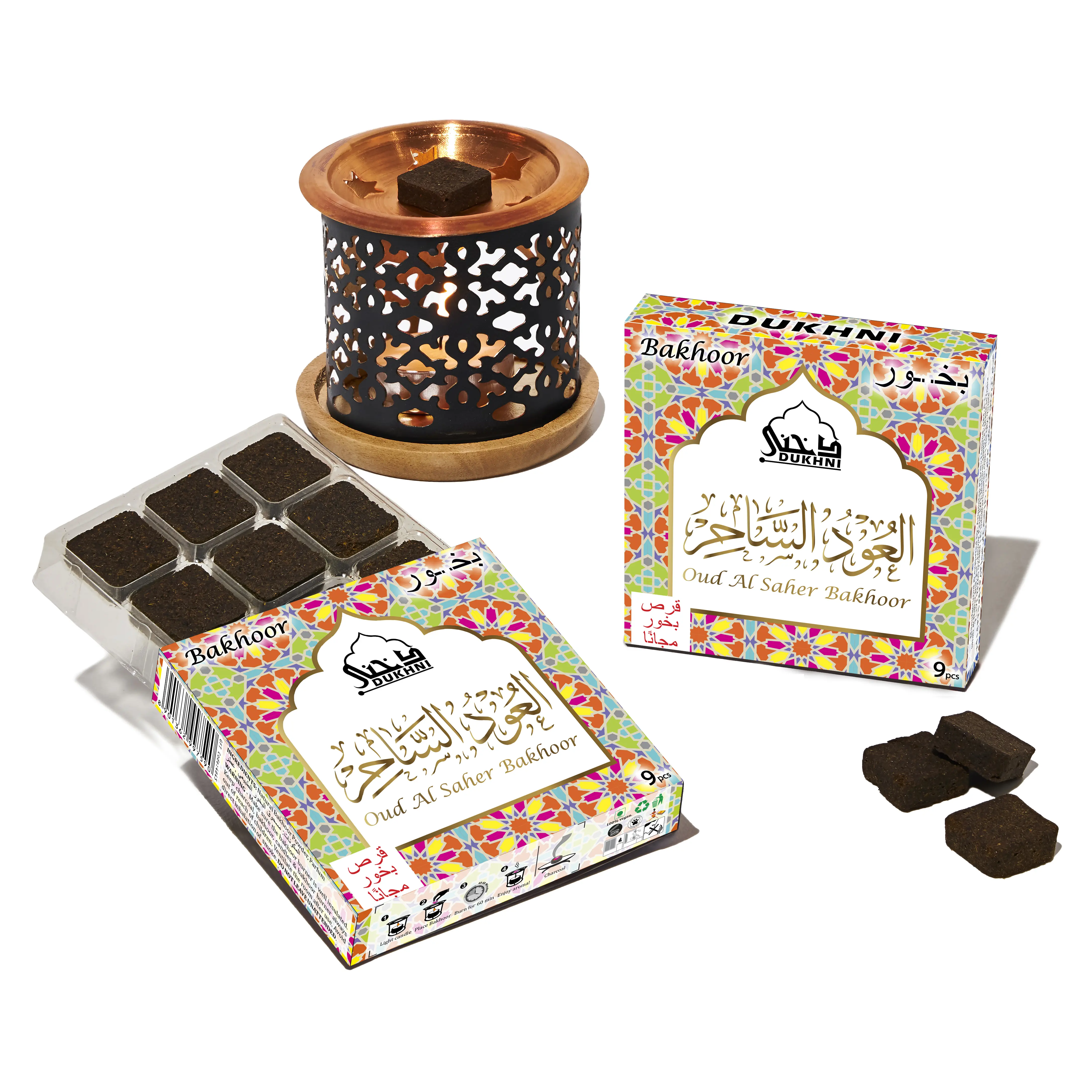 Arabian Oud Al Saher Bakhoor Set with Smokeless Snowflake Burner, 2 Citrus Floral Oud Bakhoor Boxes for Home Fragrance Incense, Special Events Use