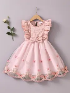 Girl's Butterfly Pattern Bow Decor Dress, Cute Round Neck Tulle Dress for Summer, Kids Clothes for Daily Wear, Butterfly Print Dress