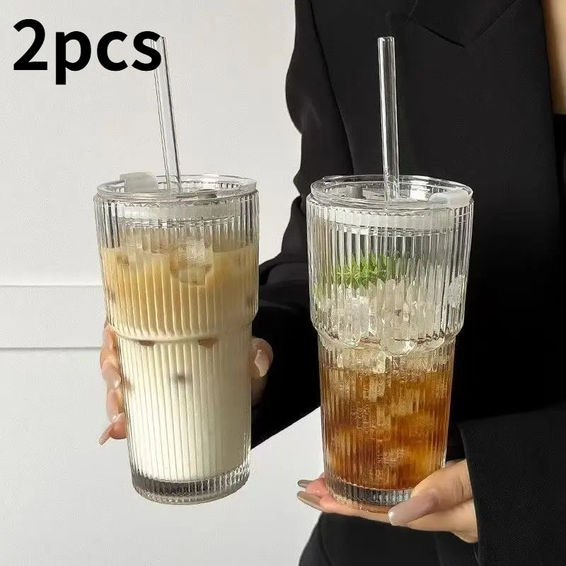 Stylish Glass Cups Set with Lids & Straws, High Aesthetic Water Glasses for Women, Ideal for Cold Drinks & Coffee, Home Use, Glass Drinking Cup, Drinkware