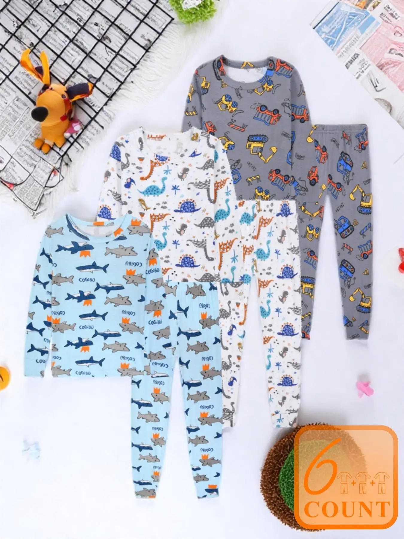 Boys Cartoon Print Long Sleeve Pajama Set, 3-Piece Lightweight Homewear for Spring & Fall, Comfortable Kids Sleepwear, Cartoon Pattern Pajamas