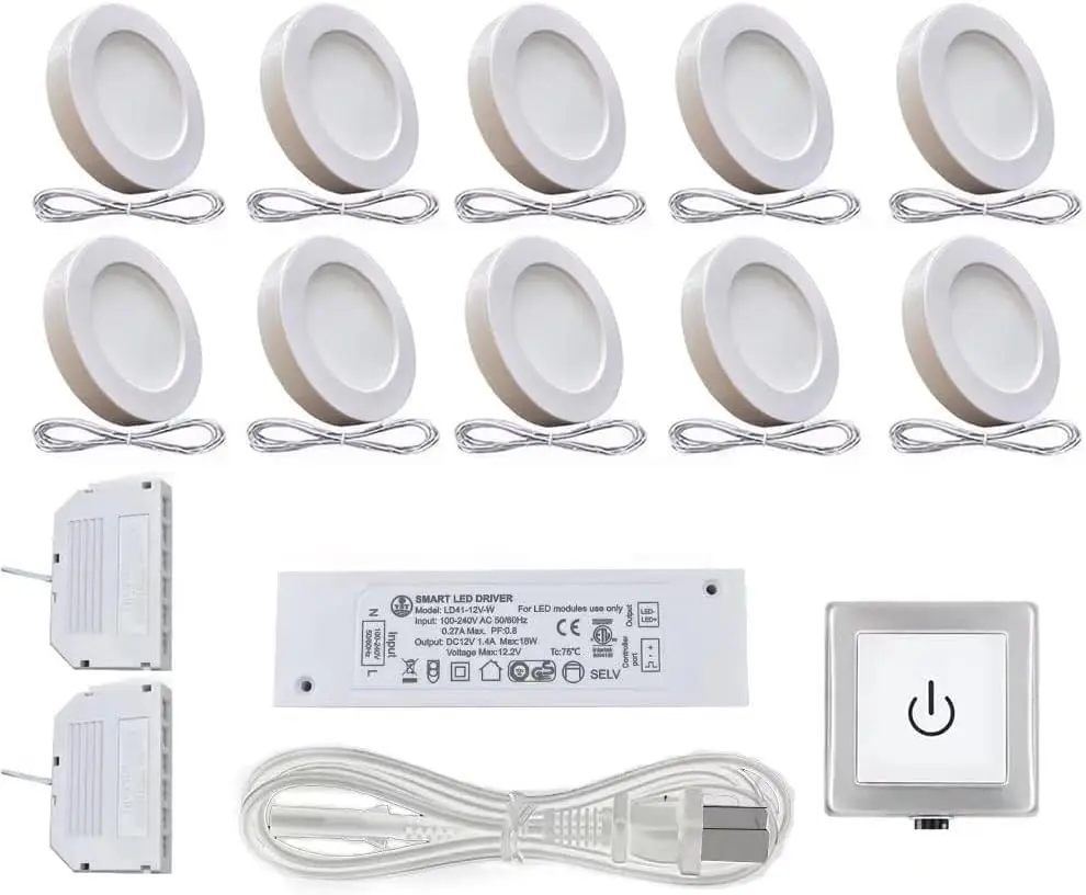 VST 10-Pack Under-Cabinet Puck Lights, Plug-in 12V Wired Touch Dimmer Switch, Recessed/Surface Mount, 3000K Warm White, 2W Per Light 20W Total White Fixtures for Home Improvement Indoor Lighting