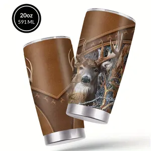 Forest Safari Themed Coffee Mug, 1 20oz Stainless Steel Thermos with Lid and Straw, Deer & Camo Design, Double Vacuum Travel Mug, Water Bottle, Valentine's Day Gift, Father's Day Gift, Perfect for Men, Grandpas, Dads, Compact jarro Insulated Sports Bottle