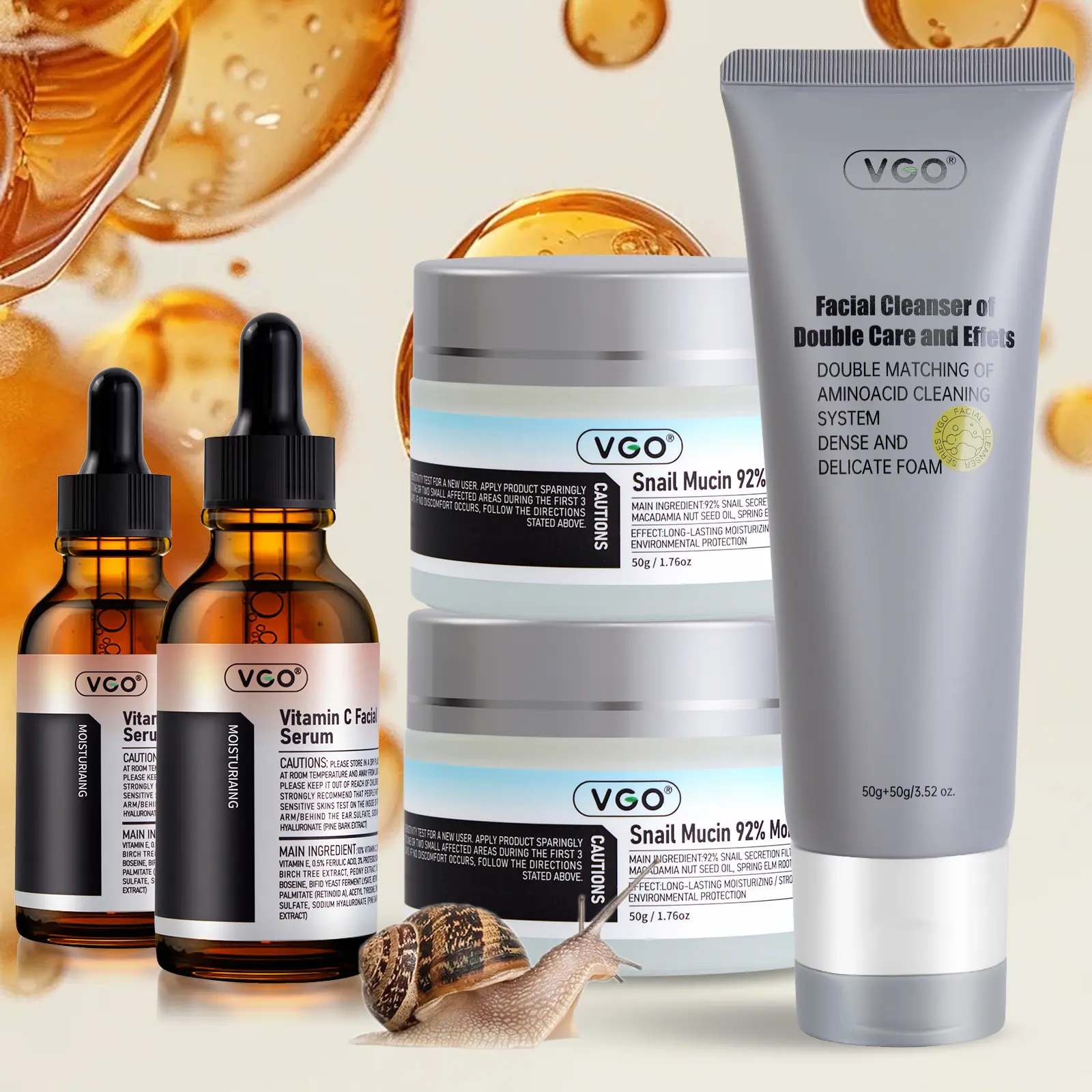 [Place an order and receive a free gift] VGO 3-Piece Facial Serums & Cleanser Set - Charcoal Cleanser, Vitamin C Serum, Snail Mucin Moisturizer for Hydrating, Oil Control, Smooth Skin Routine, All Skin Types, Cleansing, Moisture