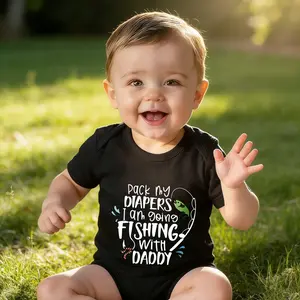 Pack My Diapers I Am Going Fishing With Daddy Print Onesie Crew Neck Short Sleeve Bodysuit | Soft Comfortable Cotton Fabric Modern Look Toddler Size Skin - friendly New Born, Baby Shower Gift
