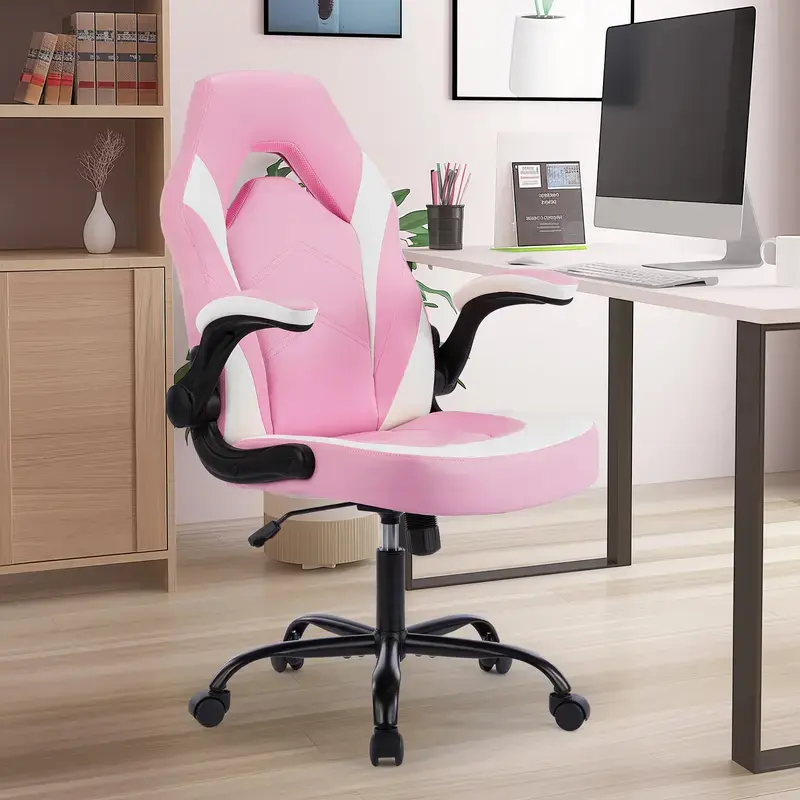 Bedroom Vanity Chair with Flip-Up Armrests, High Back PU Leather Accent Chair, Adjustable Swivel Desk Chair for Reading, Makeup and Small Space