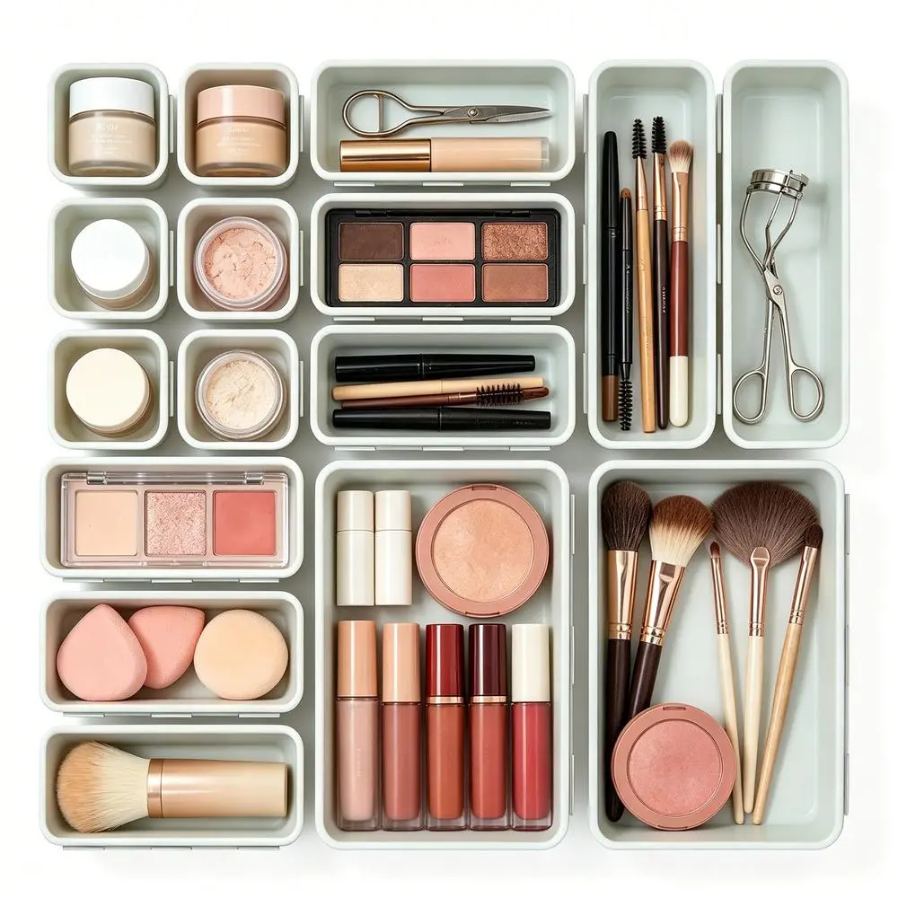 Multi-Grid Plastic Drawer Vanity Organizer Tray Boxes, Stores Makeup Pieces, Jewelry, Small Electronic Gadgets, Portable for Bedroom, Bathroom Tidy Storage; Note: Silicone Tabs Not Included