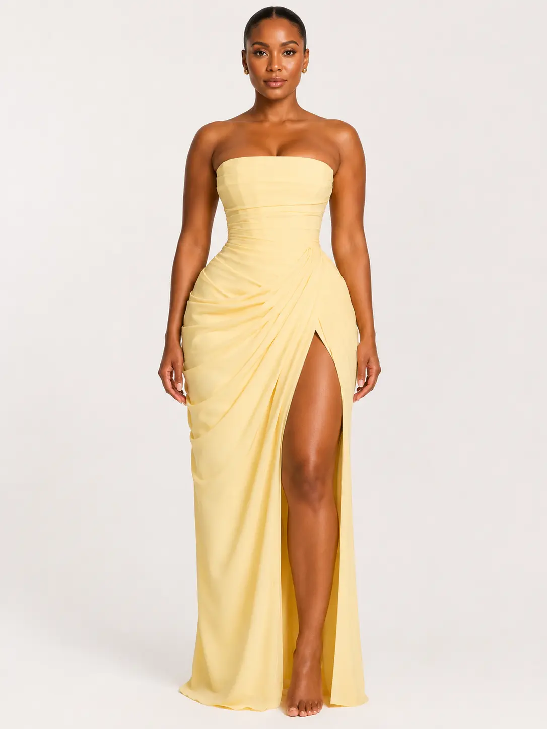 Sculpt Touch Women's Strapless Corset Maxi Dress Ruched High Slit Lace Up Back Formal Evening Dress
