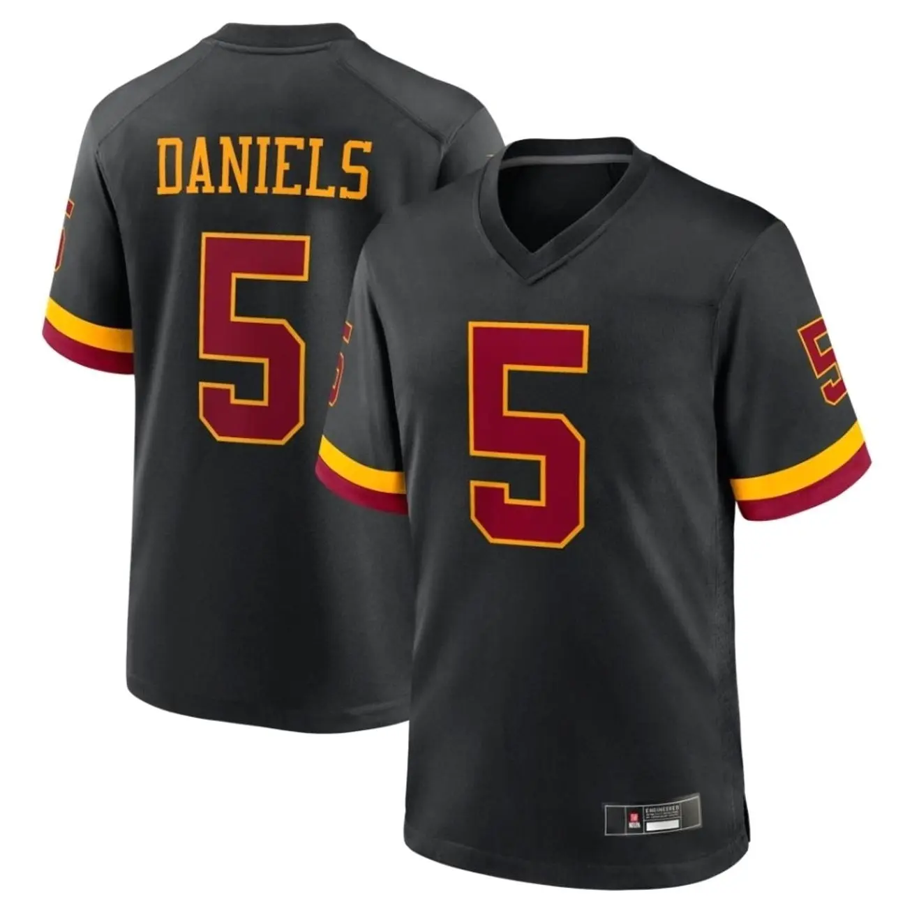 3D Printed Men's #5 White/Black/Burgundy Football Jayden Daniels Fan Jersey Printed Athletic Sports Shirt Game Day Apparel Breathable Performance Uniform Lightweight Football Clothing Fan Gear Tailgate Outfit Sports Collector Gift ZWUDM