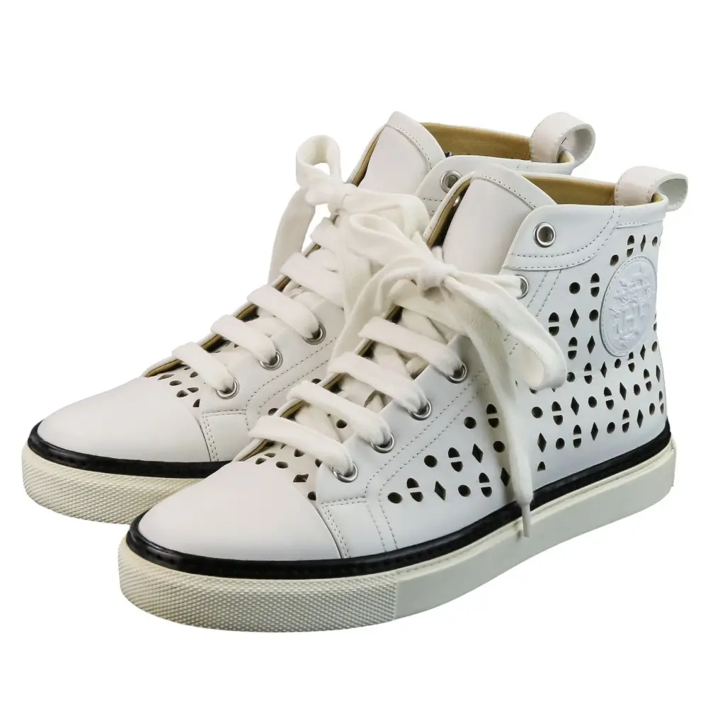 Pre-owned HERMÈS Calfskin Small Leather Goods Hermes Jimmy Cutwork Leather High Top Sneakers 36