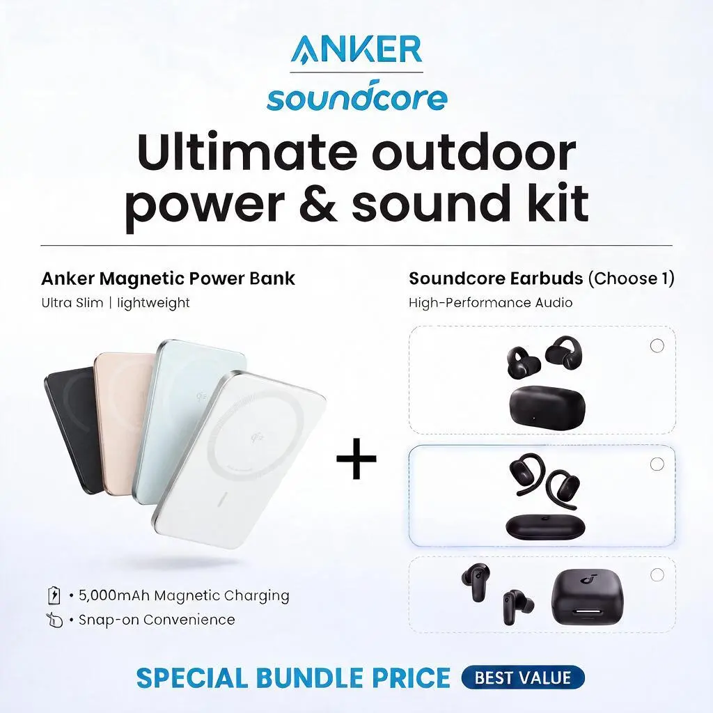 Ultimate Outdoor Power & Sound Kit; Anker Nano 5,000mAh Magnetic Power Bank, Qi2 15W Max Wireless Charging, Ultra-Slim for iPhone 12 to 17 Series; Soundcore Earbuds (3 Models), P30i ANC Earbuds / V20i Open Ear / C50i Clip-On Open Ear, Anker Bundle