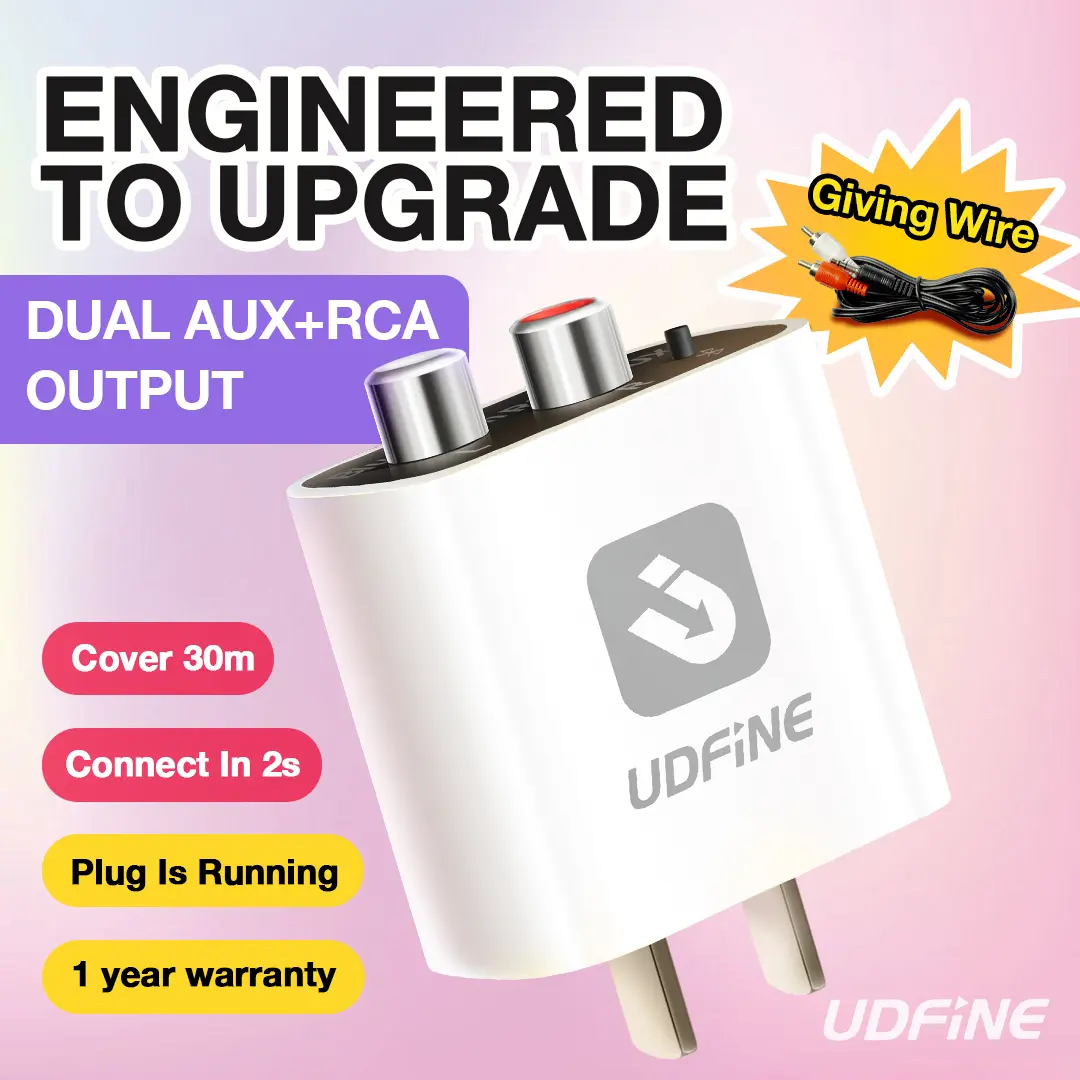 UDFINE Bluetooth 5.4 Hi-Res Wireless Audio Receiver Adapter with Low Latency, Volume Sync, Dual AUX RCA Output, Mobile Cable for Old Stereo Speakers, Home Audio Streaming Conversion Plug, iPhone Accessories