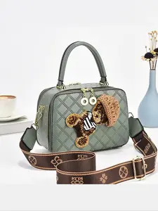 Women's Cute Bear Design Crossbody Bag, Fashionable PU Leather Zipper Shoulder Bag for Daily Used, Casual Trendy Versatile High-quality Daily Commuting Bag, Quilted Shoulder Bag