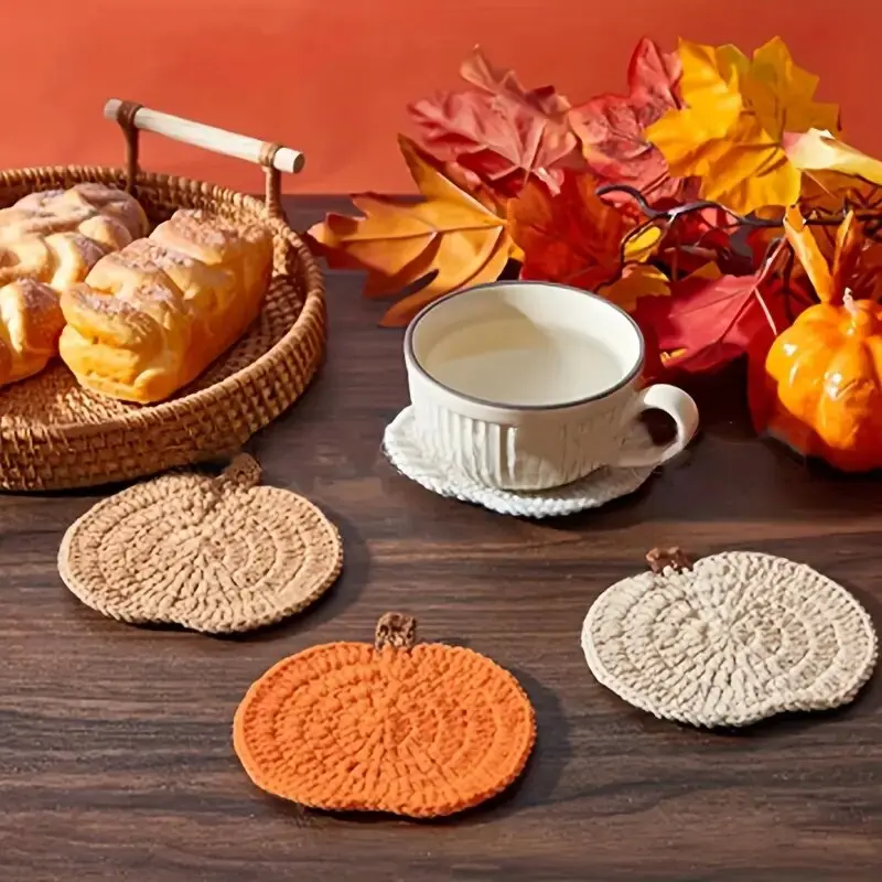 4pcs Pumpkins Round Coaster Handmade Knitted Drink Coaster Set Decorative Coaster Coasters for Drinks Autumn Drink Cup Pad Mats Absorbent Bottle Mug Place Mats for Table Protection Fall Halloween Thanksgiving Themed Party Decoration