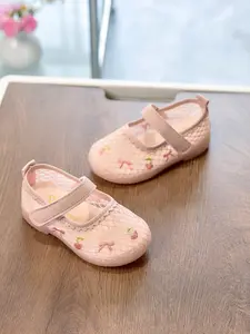 Girls' Cherry Embroidered Mesh Mary Jane Shoes, Multicolor Velcro Strap, Breathable Soft Sole, Non-Slip, Casual Princess Style