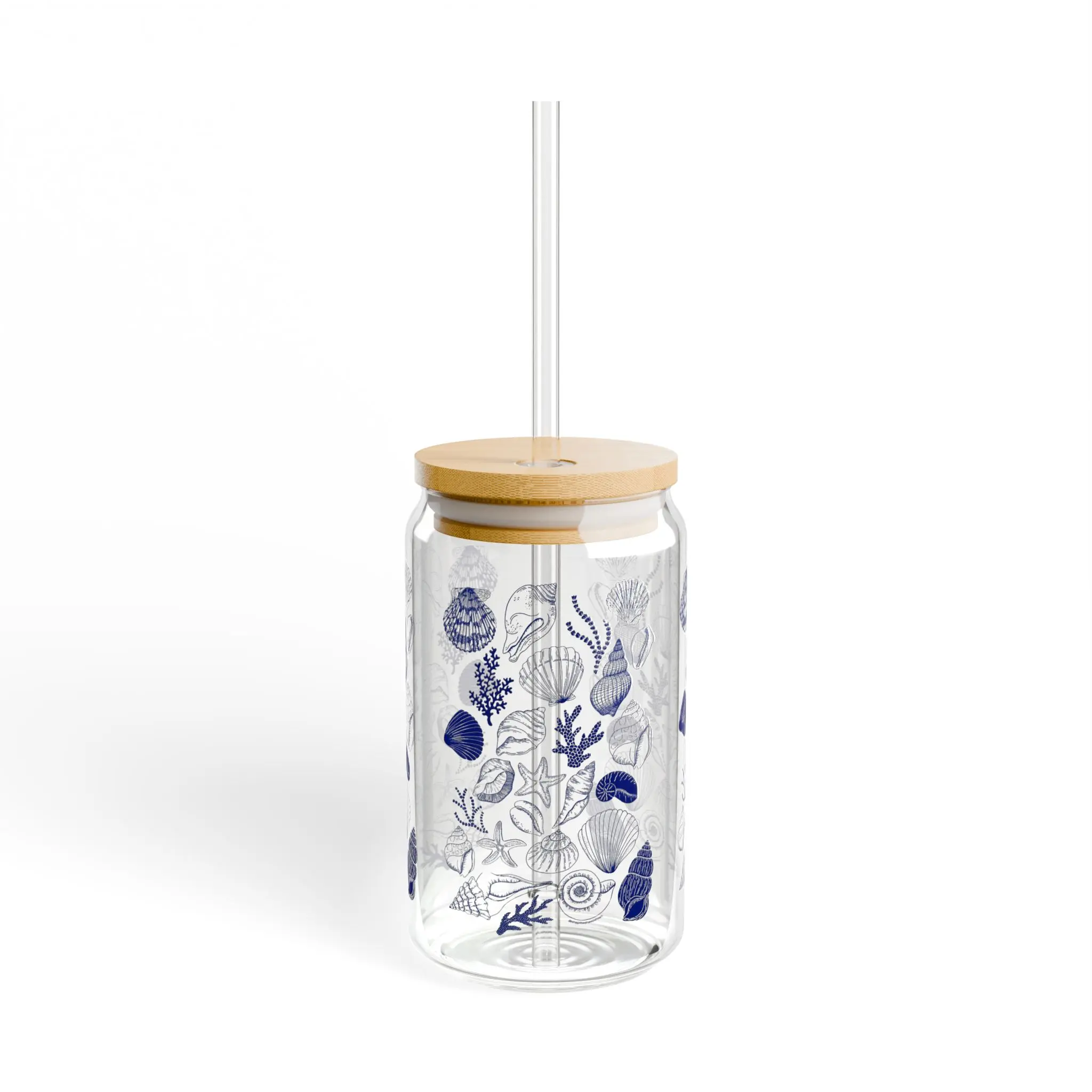 Coastal Glass Sipper Cup, Beach Shells Tumbler, Coastal 16oz Cup, Glass Tumbler with Lid, Straw Included, Eco-Friendly Drinkware