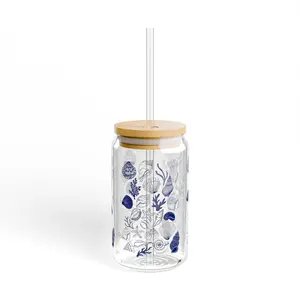 Coastal Glass Sipper Cup, Beach Shells Tumbler, Coastal 16oz Cup, Glass Tumbler with Lid, Straw Included, Eco-Friendly Drinkware