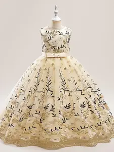 Girl's Embroidered Contrast Mesh Fit and Flare Dress, Elegant Sleeveless Round Neck Tulle Dress for Party Performance Wedding Guest, Kids Clothes for All Seasons