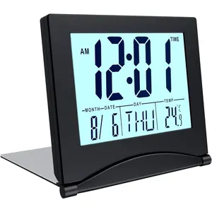 Digital Clock LCD Travel Alarm Foldable with Backlight – Day, Date and Temperature Indication – Digital Alarm Clock for Table, Desk - Battery Operated – Black