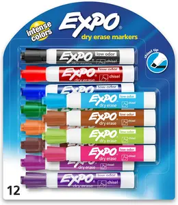 EXPO Low Odor Dry Erase Markers, Chisel Tip, Assorted Colors, 12 Count