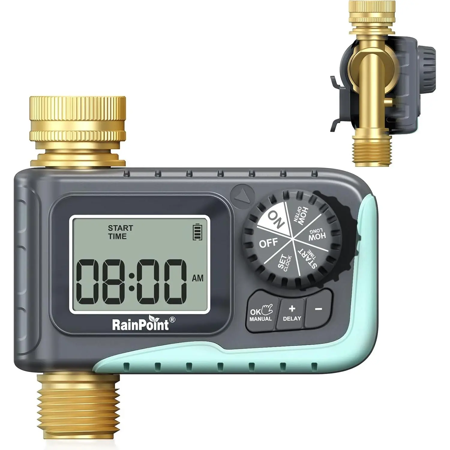 RAINPOINT WiFi Smart Timer Controller - 100% Metal Pipe Garden Watering Accessory, Nozzle Hose & Garden Hoses and Reels Compatible, Programmable LCD, Manual Watering/Rain Delay, All-Season Outdoor Tool (1PCS, Manufacturer Warranty)