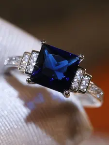 Fashion Princess Cut Navy Blue Zircon Ring for Women, Elegant Glittering Ring ,Wedding Engagement Jewelry