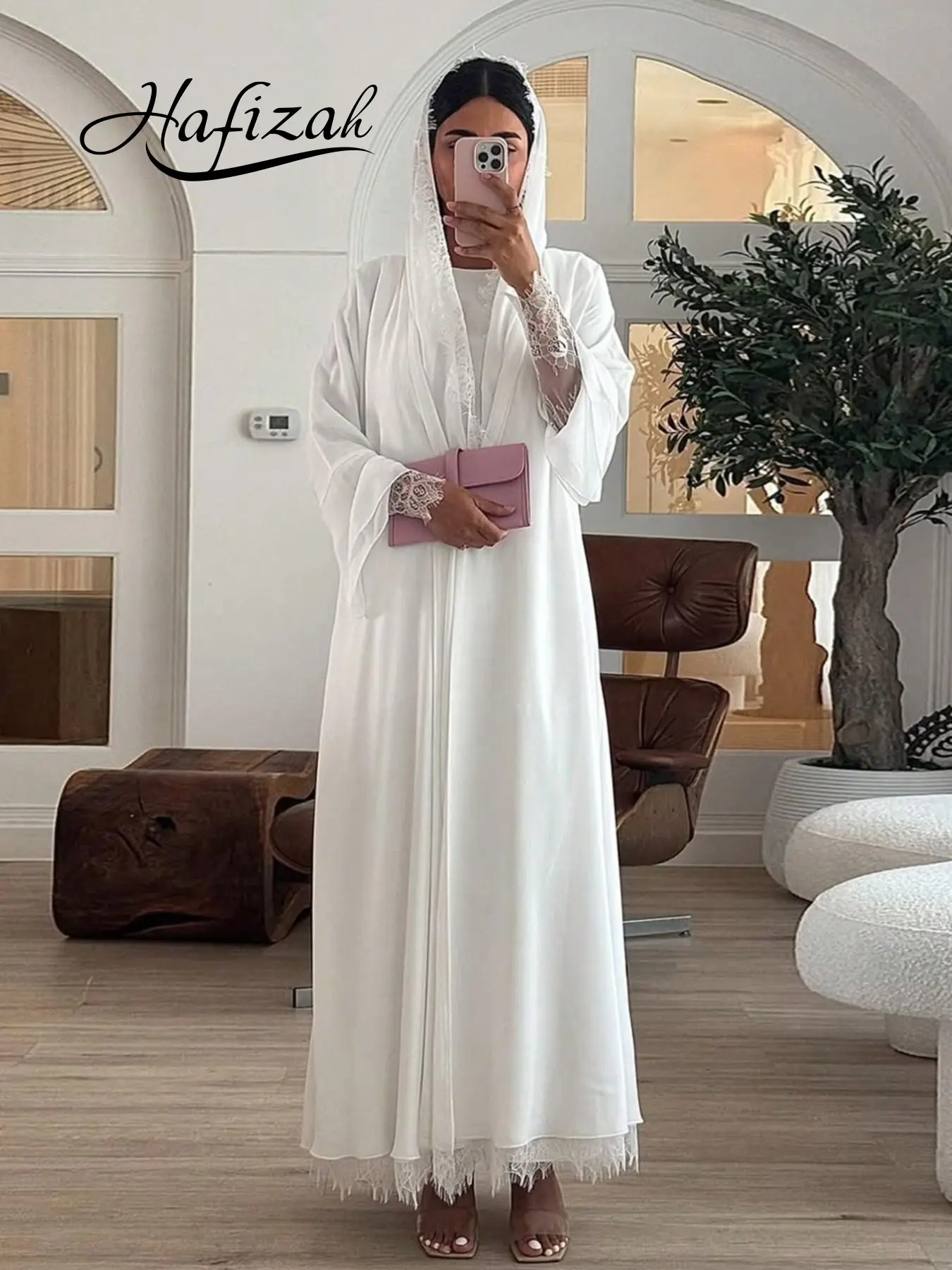 Hafizah Lace Patchwork Loose Fit Abaya Outer Robe with Headscarf, Elegant Long Cardigan for Middle Eastern Luxury Women's Fashion, Abaya with Hijab