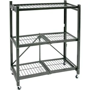 Origami R3 General Purpose Foldable 3-Tiered Shelf Storage Rack & Wheels, Pewter Kitchen Organiser