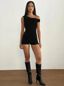 Women's Solid Minimalist Asymmetrical Neck Sleeveless Romper Casual Comfy Skinny Summer Daily Wear Dress for Ladies