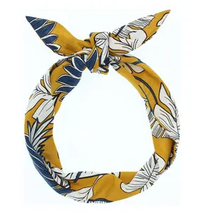 JuneStudioDesign Extra Long Wide Wired Cotton Pattern Headband|Tie Knot|Twisted|Fabric|Dolly Bow|Turban|Hair Bun|Ponytail Scarf|Braid Scarf|Hair Wrap|Vintage|Art Retro|Yellow Leaves|Vintage