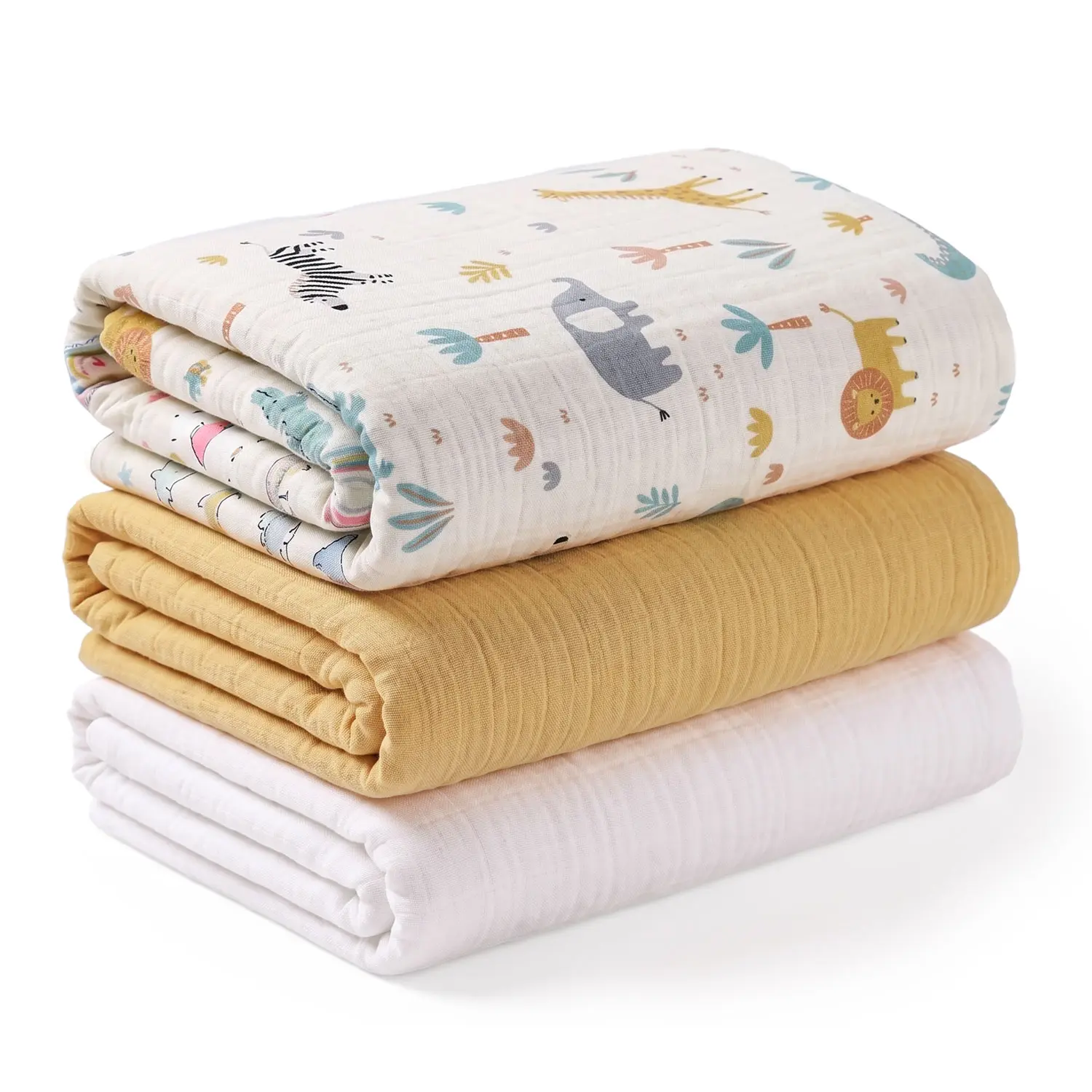 Baby Muslin Swaddle Blankets 3-Pack - 100% Cotton, Soft, Breathable Receiving Blankets (1 Printed, 2 Solid Colors)