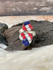 Handmade Sterling Silver 4th Of July Collection: Rosarita with Lapis and White Buffalo Heart Adjustable Ring "Signed Nizhoni"