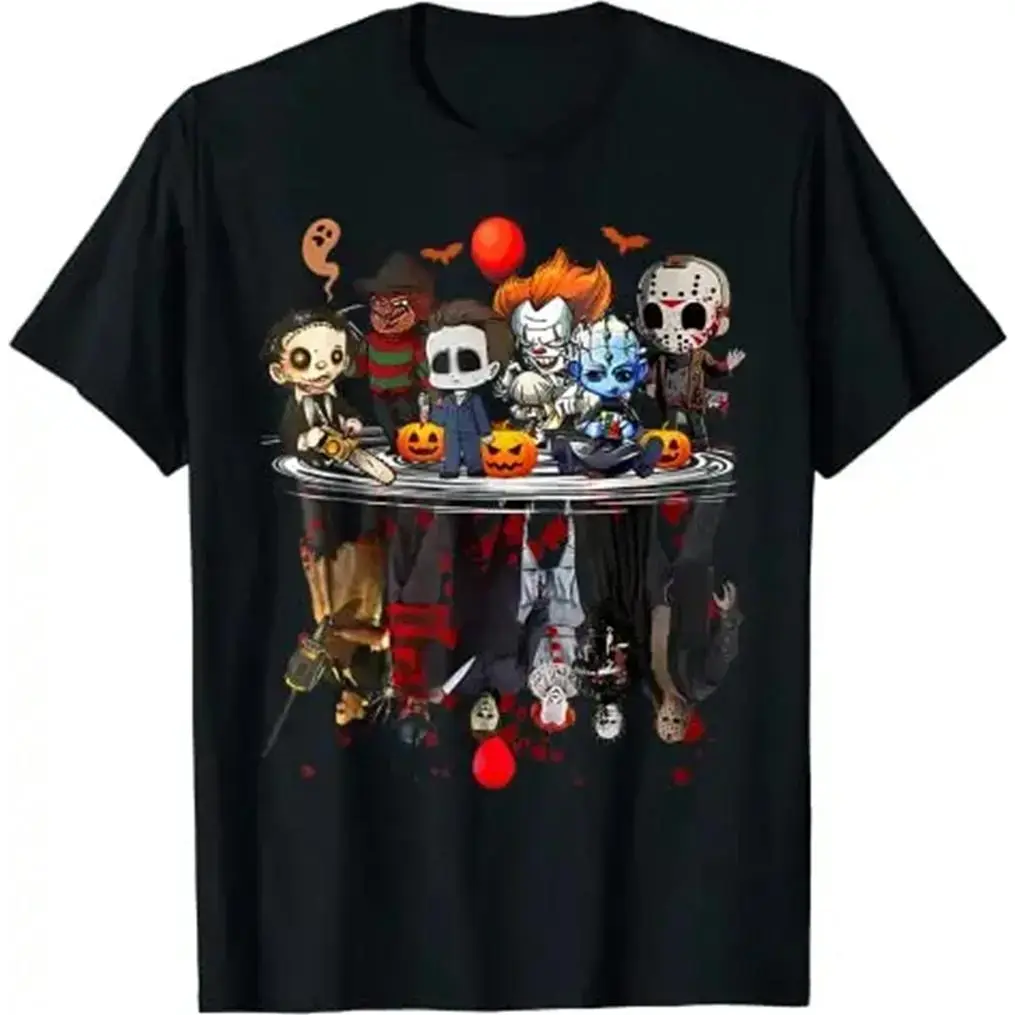 Horror Movies Character Halloween Costume Gift T-Shirt Gothic Style Graphic Tee Top Short Sleeve Blouses for Adult Cute Chibi Style White Tee with Iconic Horror Icons and Red Balloon Fit Love Piece Twist