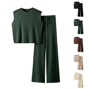 Molitree Women's 2 Piece Outfits Sweater Sets Knit Sleeveless Pullover Tops High Waist Pants Lounge Sets Tracksuits