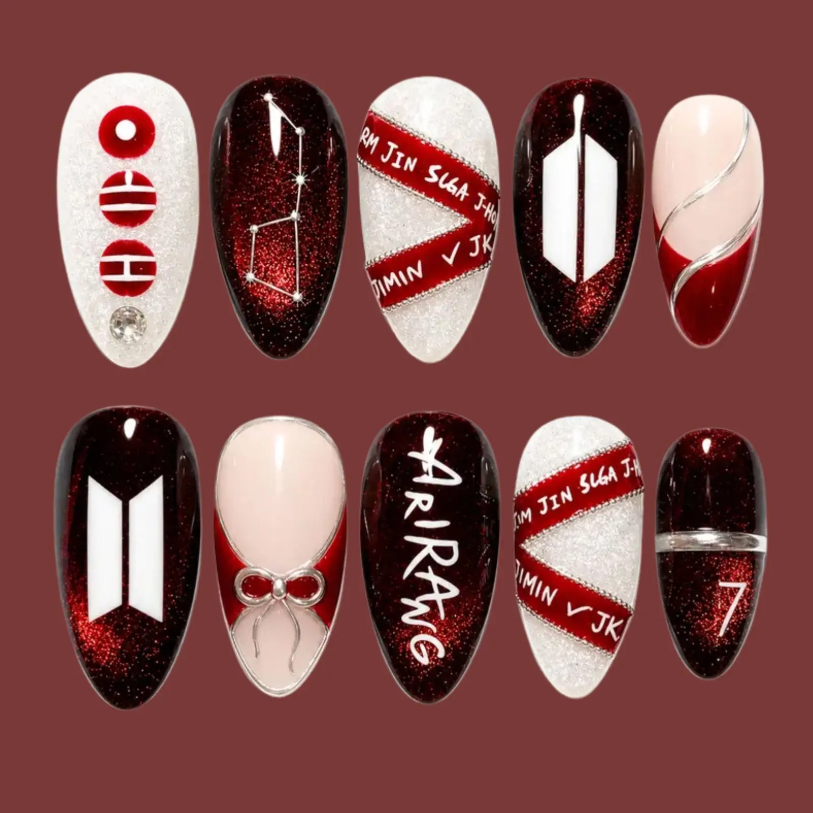 Red Glitter ARMY Nails | Arirang Tour Press On Nails | Kpop Nail Art | Long Almond Concert Fan Gift Nails