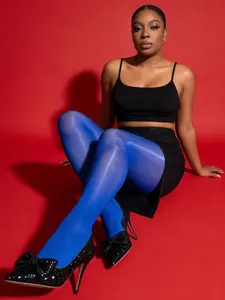 Women's Glossy Semi-Transparent Sapphire Blue Pantyhose, Slim-Fitting High-Waist Design, Perfect for Daily Wear & Special Occasions