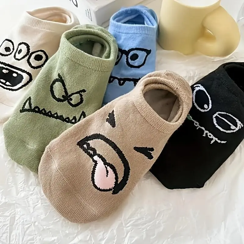 Women's Cartoon Face No-Show Socks, 5 Pairs in Mixed Colors, Cozy, Breathable & Stylish for Casual Wear, 5 Pairs Of Mixed Colors, Socks For Women, Easter, Foldable, All Seasons, Cartoon Faces, Invisible Socks