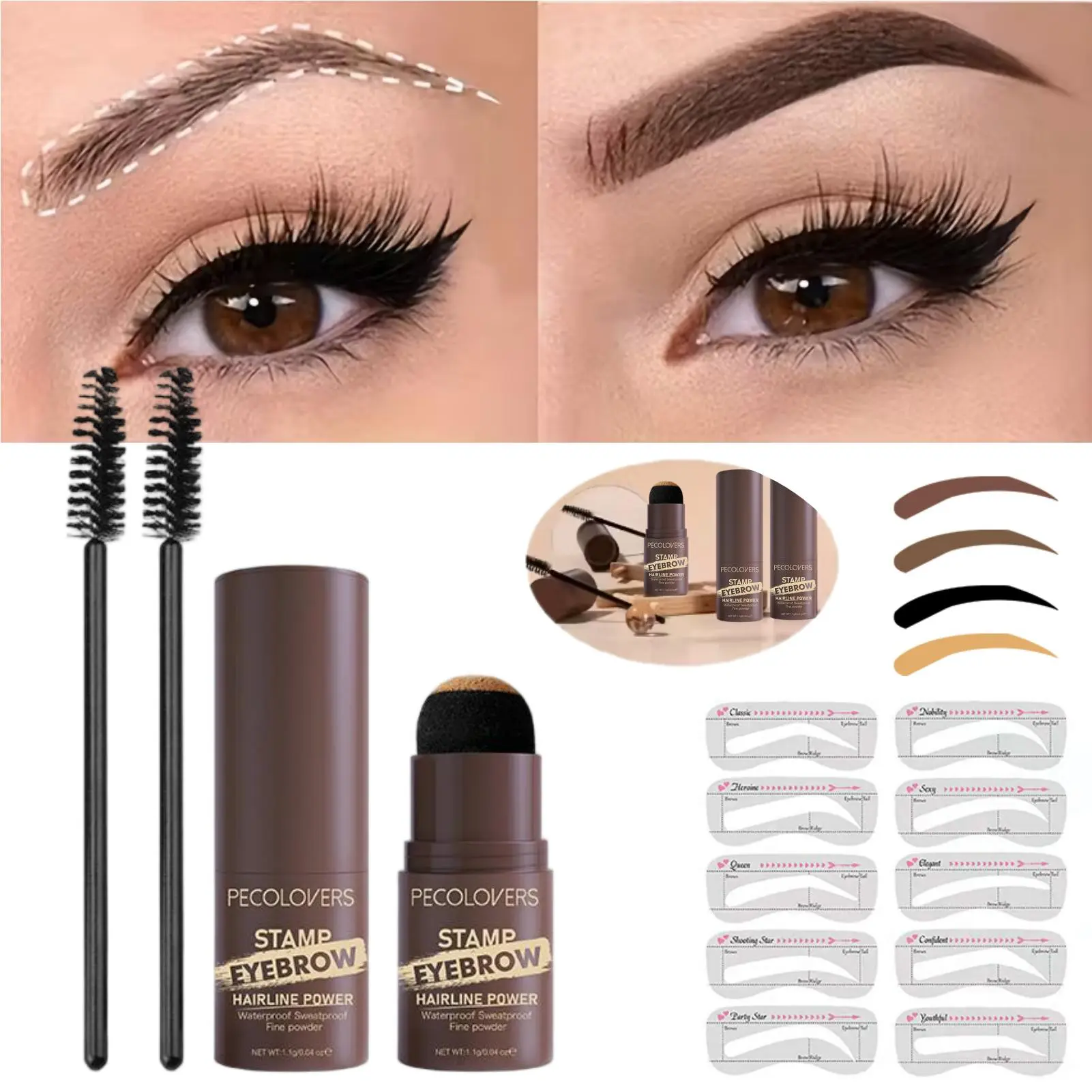 1 Set One Step Brow Stamp Kit with 10 Templates & Eyebrow Powder - Waterproof Long-Lasting Brow Enhancer Shaping Set Cosmetic, Eyebrow Makeup Products, Precisely Sculpted Brows, for all Light Beige Types, Easy-to-Use for Beginners & Pros