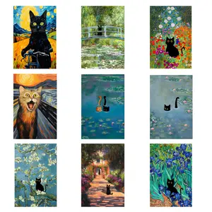 Black & Orange Cat Print Monet Waterlily Funny Poster Wall Art Home Valentines Day Decor