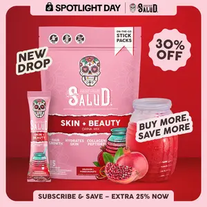 Salud 2-in-1 Skin + Beauty Drink Mix Packets, Collagen Peptides with Verisol, Hyaluronic Acid, Vitamin C, Biotin + Lustriva, Beauty Drink Packets, Hydration Sticks, Gluten Free, For Men & Women, (15 Servings)
