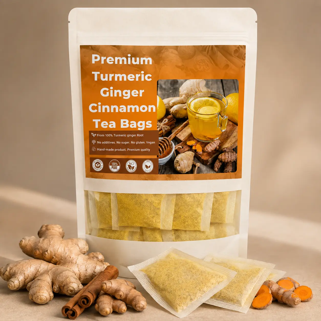 Turmeric Ginger Cinnamon Tea bags – 100% handmade bodytea, Packaged in Eco-Conscious Bags | No Sugar, No Caffeine, No Gluten, Vegan
