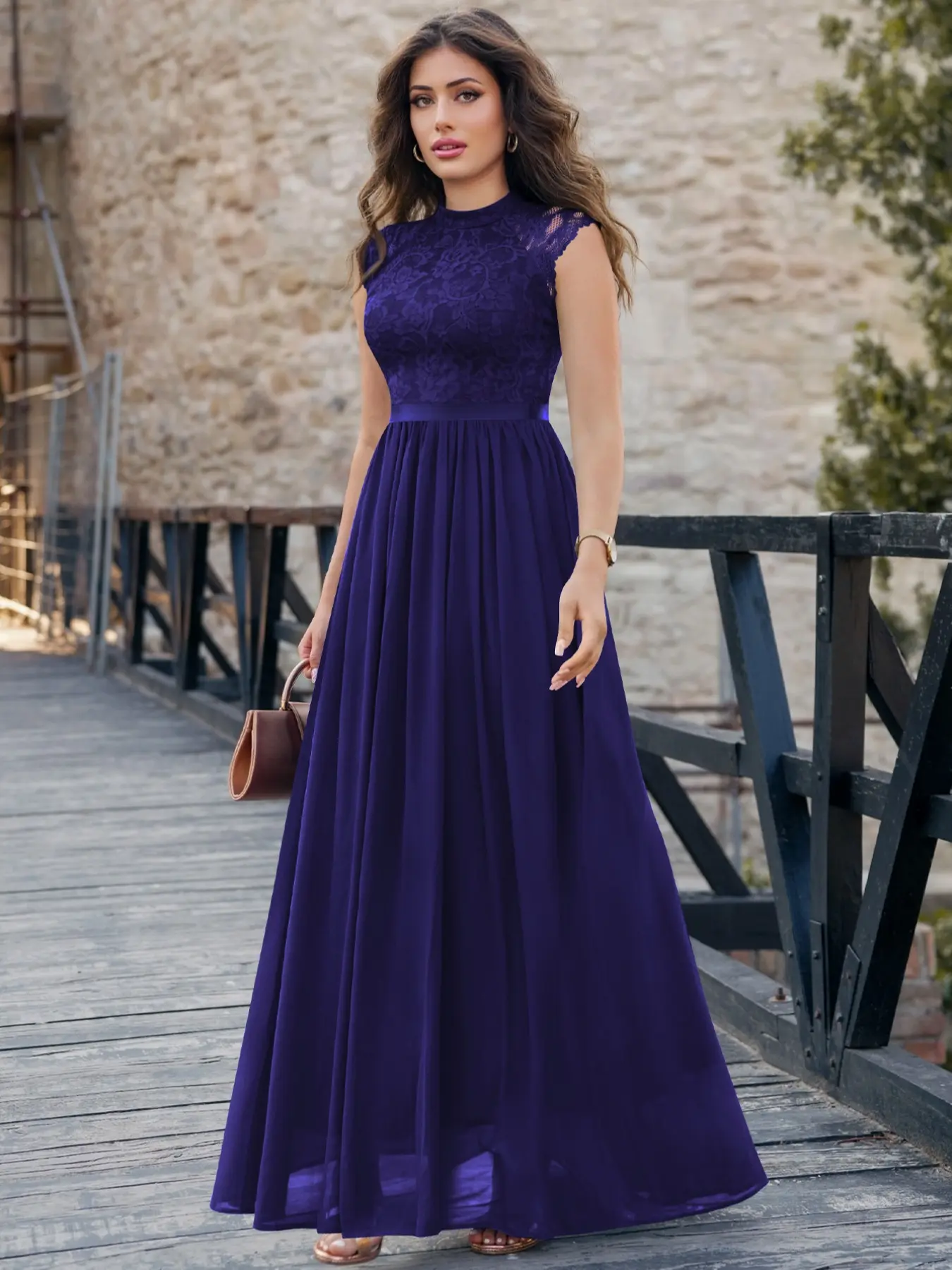 MIUSOL M3862 Elegant Chic Floral Lace Chiffon Mock Neck Cap Sleeve Pleated Hem Prom Party Maxi Dress Women Black Formal Evening Wedding Guest Gown Dress Up Gown, For Graduation, Dinner, Birthday, Formal Wear